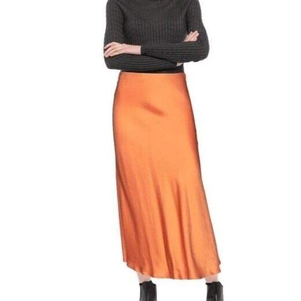 Krisa Women's Casual High Waisted Satin Maxi Skirt Pull On Solid Orange Size L